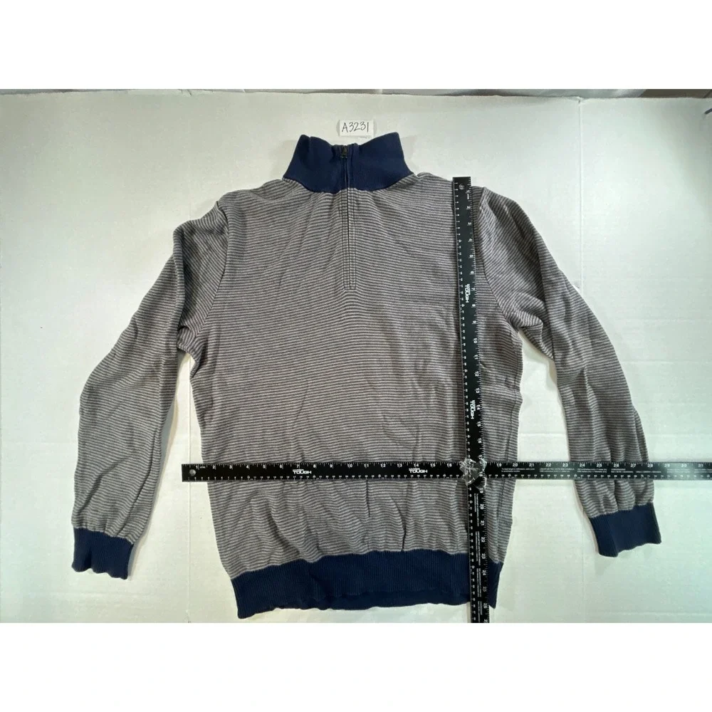 Banana Republic Mens Quarter Zip Sweater Navy Blue Grey Striped Mock Neck Size M